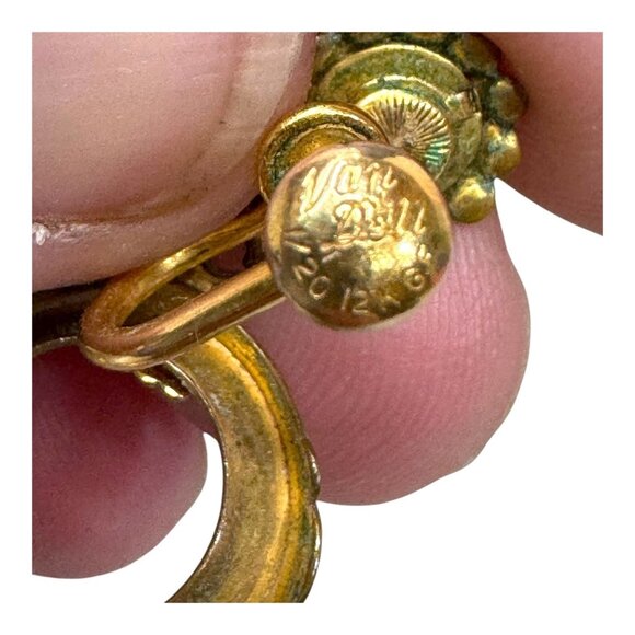 Vtg Hoop Van Dell 12K Gold Filled ClipOn Screwback Earrings Etched Flower Dangle - Picture 5 of 6
